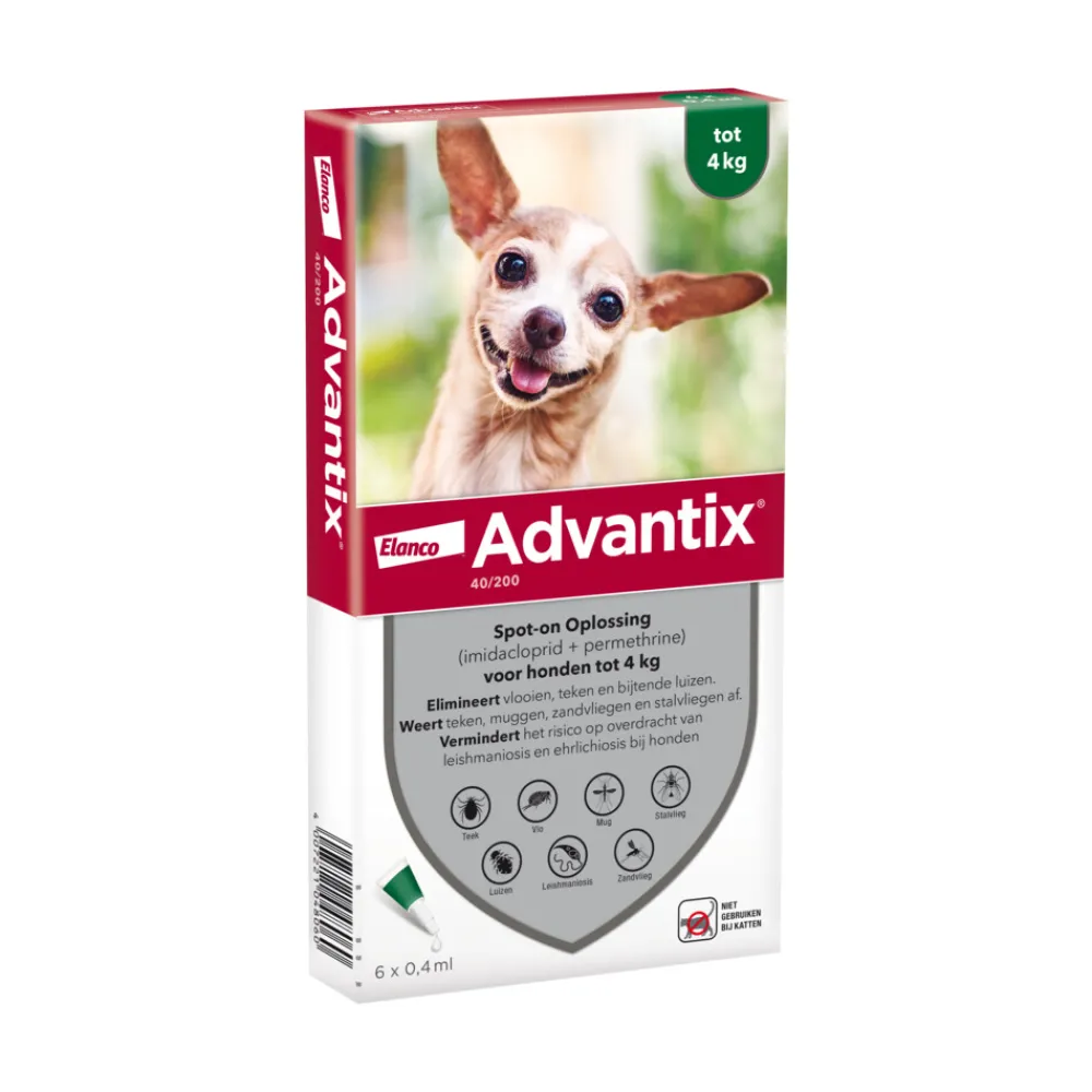 Vlo, Teek & Worm<Advantix Spot On 40 Anti Vlooien en Teken Druppels Hond tot 4 kg 6 pipetten
