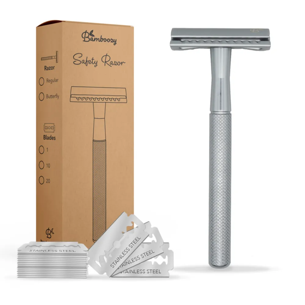 Safety Razor + 20 Mesjes Zilver Mat 1 set^Bamboozy Discount