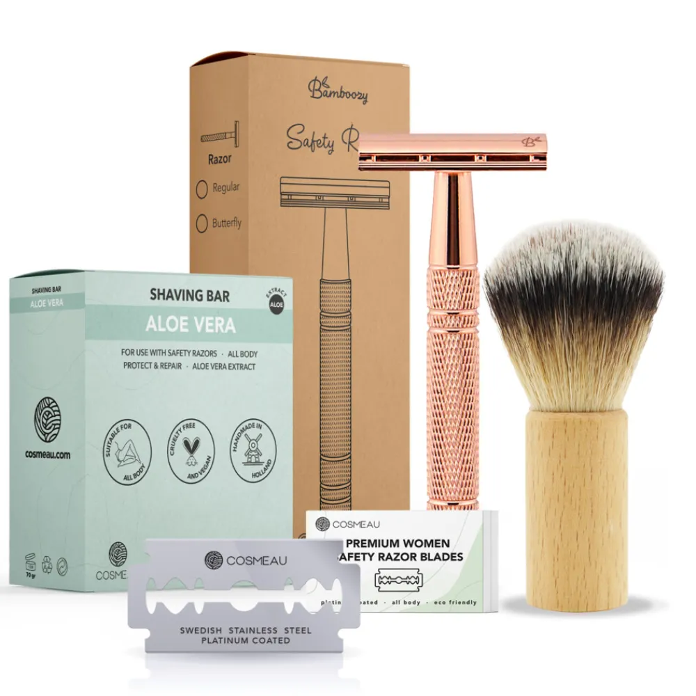 Sale Safety Razor Aluminium Starterkit + Scheerkwast + Scheerzeep Rosé Goud 1 set Heren Scheren & Ontharen
