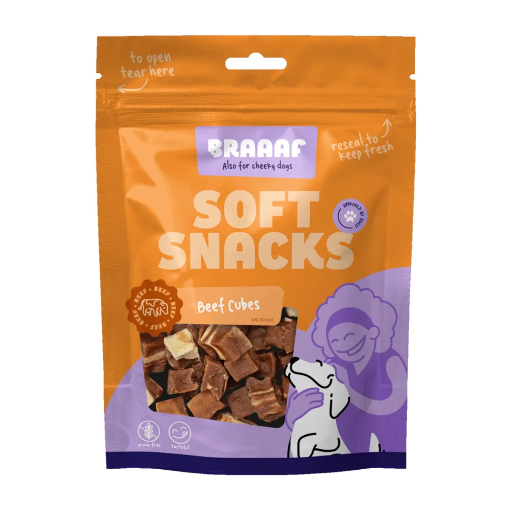 Snacks<Braaaf Blokjes Hondensnack Rund Steak met Vis 85 gr