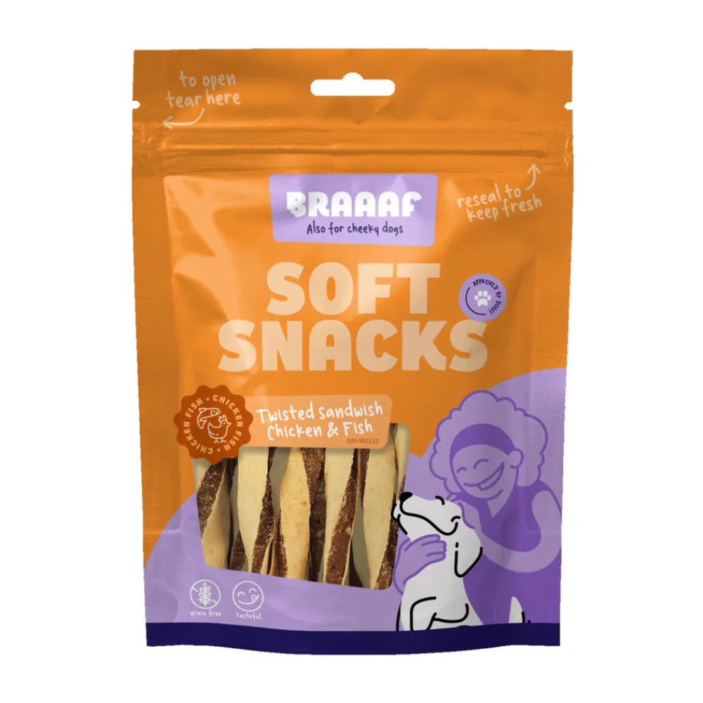 Snacks<Braaaf Twisted Sandwich Hondensnack Kip - Vis 85 gr