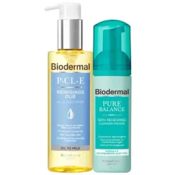 Reiniging<Biodermal Double Cleansing Routine Met P-CL-E Reinigingsolie + Pure Balance Reinigingsmousse Pakket