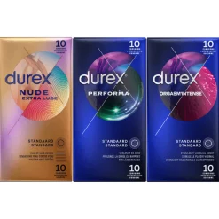 Intieme Hulpmiddelen<Durex - Perfoma Condooms 10 stuks, Nude Extra Lube Condooms 10 stuks & Orgasm Intense Condooms 10 stuks Pakket