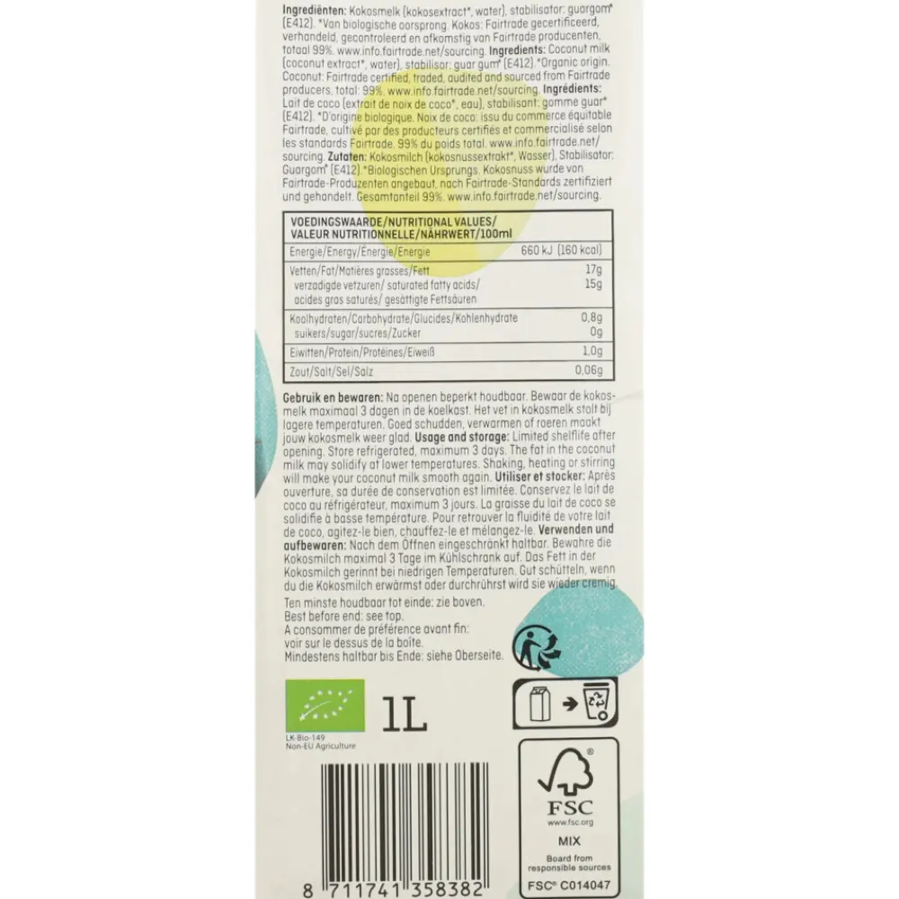 Clearance Kokosmelk Biologisch 1 liter Melkvervangers