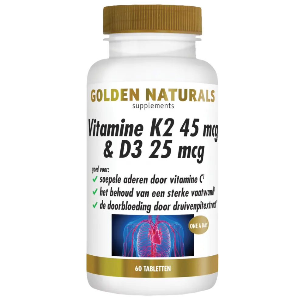 Vitamine K2 45 mcg & D3 25mcg Vegan 60 tabletten^Golden Naturals Hot