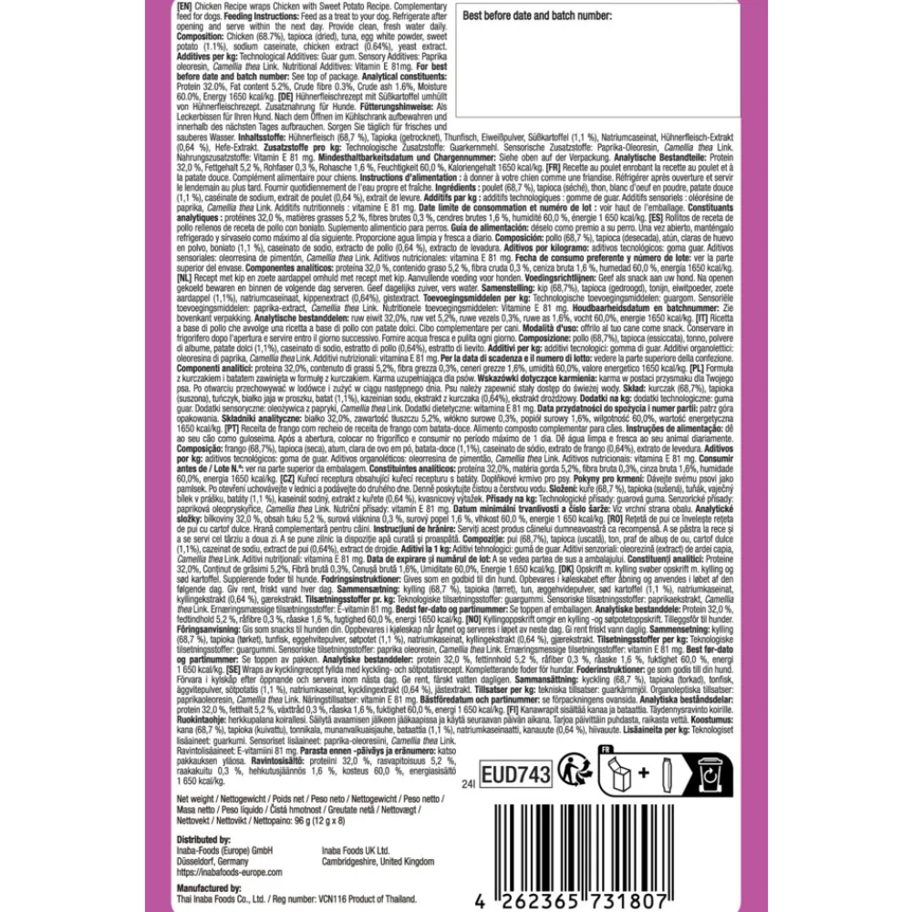 Snacks<Inaba Churu Fun Bites Wraps Hondensnack Multipack Chicken & Sweet Potato 8 x 12 gr