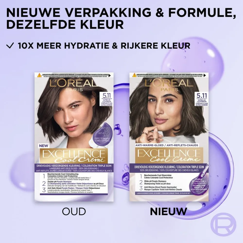 Haarkleuring<LOréal L'Oréal Excellence Cool Crème Permanente Crèmekleuring 5.11 - Ultra As Lichtbruin