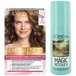 Discount L'Oréal Excellence Creme 6 Donker Blond + Magic Retouch Uitgroeispray Donkerblond 75 ml Pakket Haarkleuring