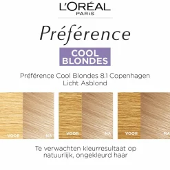 L'Oréal Préférence Cool Blondes Permanente Haarkleuring 8.1 Licht Asblond Haarkleuring