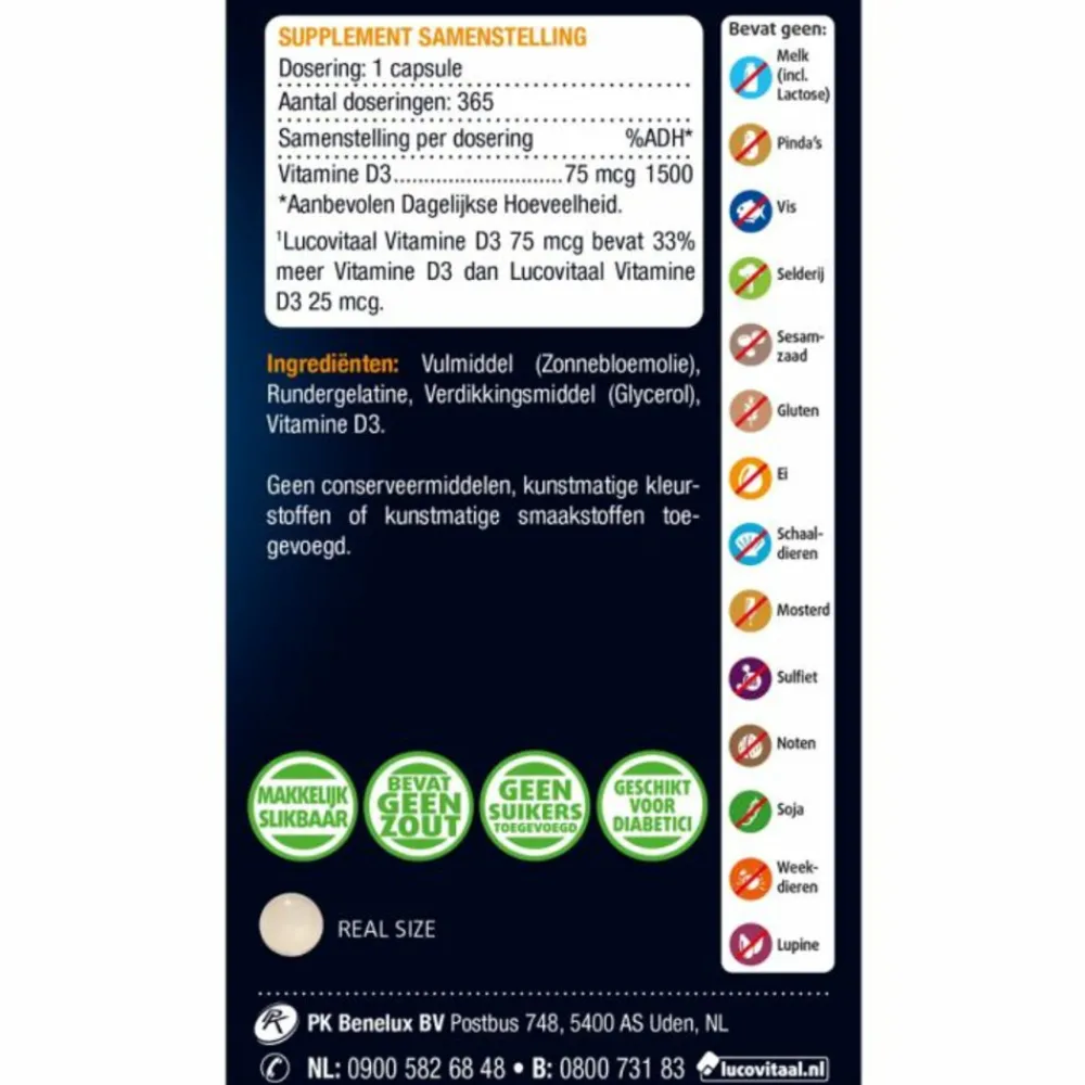 Vitaminen<Lucovitaal Vitamine D3 D3 75mcg (3000IE) Forte 365 capsules