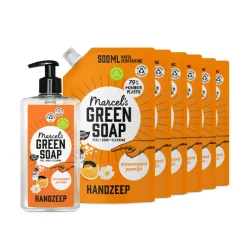 Discount Marcel's Green Soap Handzeep Sinaasappel & Jasmijn 500 ml + 6 Navullingen Pakket Keukenartikelen