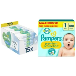 Babydoekjes|Luiers<Pampers Premium Protection Luiers Maat 1 en Harmonie Aqua Billendoekjes 720 stuks Pakket