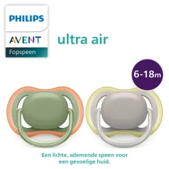Fopspeen Ultra Air 6-18 mnd Groen Grijs 2 stuks^Philips Avent Hot