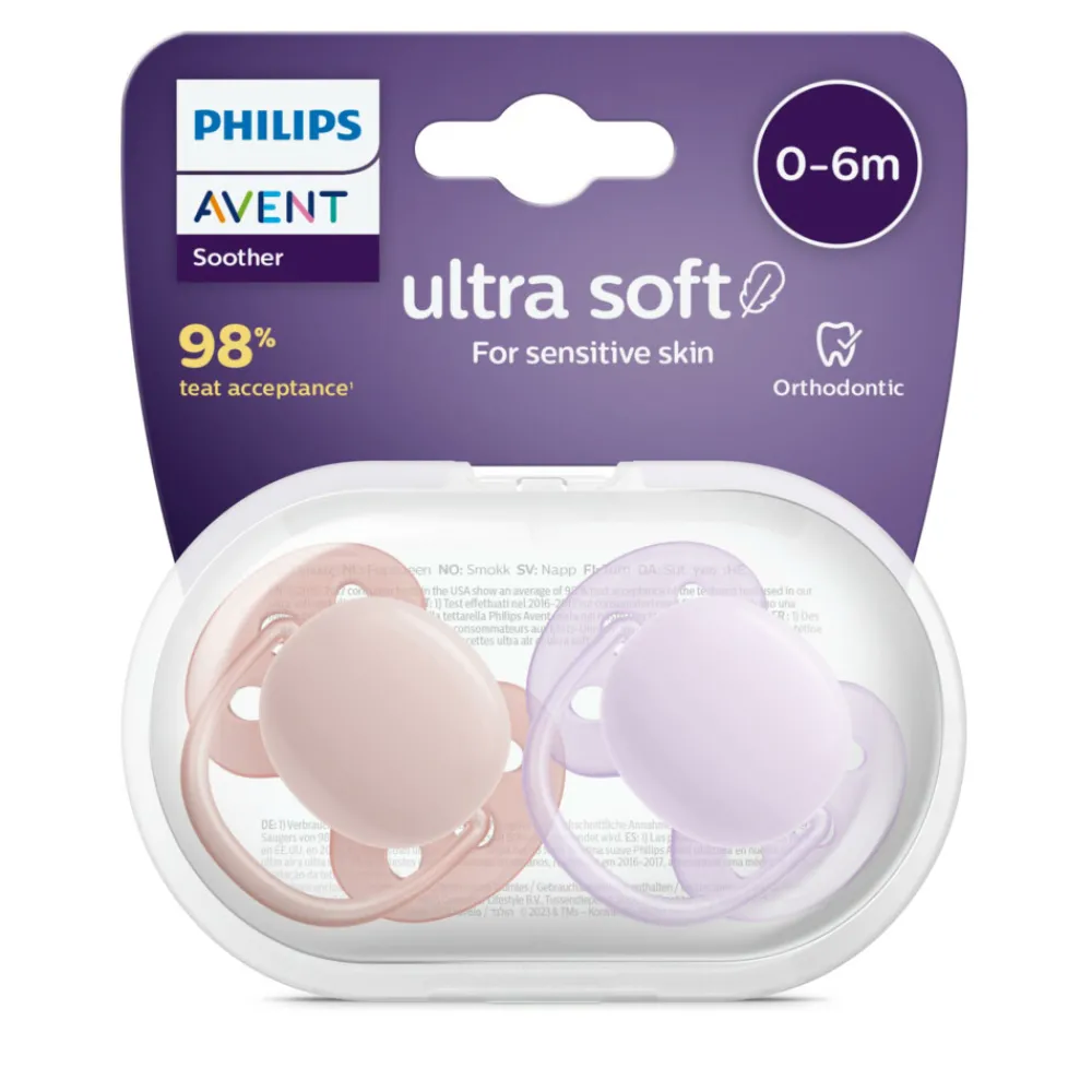 Flessen & Spenen<Philips Avent Fopspeen Ultra Soft 0-6 mnd Paars Roze 2 stuks