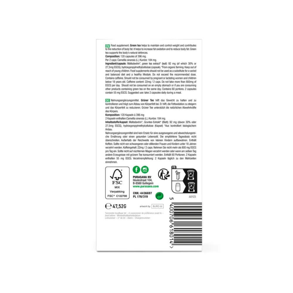 Afslankpillen<Purasana Single Plants Powders Groene Thee Extract Bio 120 capsules