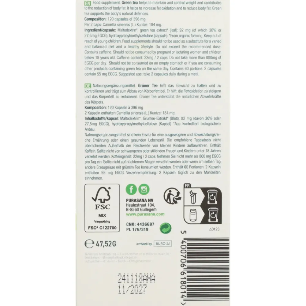Afslankpillen<Purasana Single Plants Powders Groene Thee Extract Bio 120 capsules