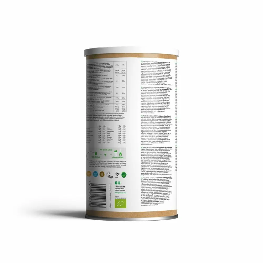 Vegan Erwt Hennep Zonnebloem Pompoen Proteine Mix Cacao BIO 400 gr^Purasana Discount