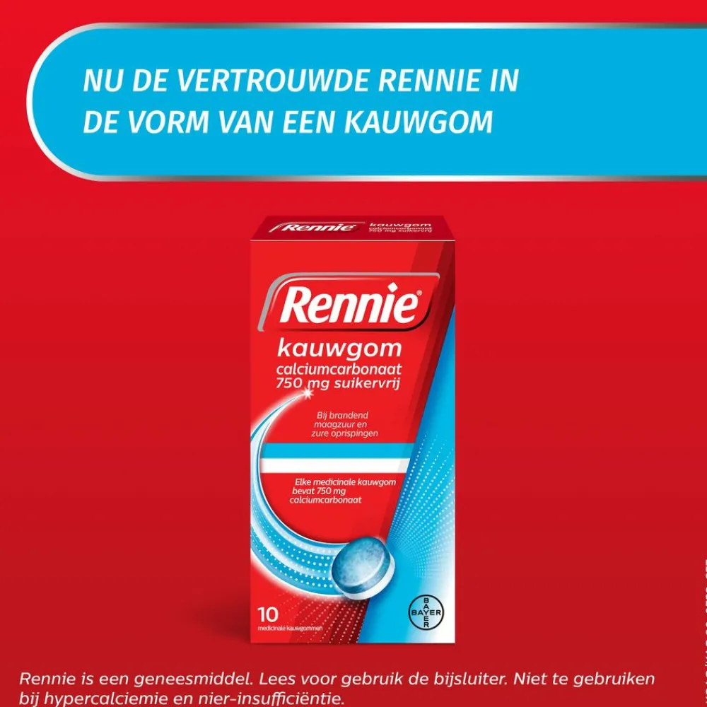 Kauwgom Calciumcarbonaat 750mg Suikervrij 10 stuks^Rennie Outlet