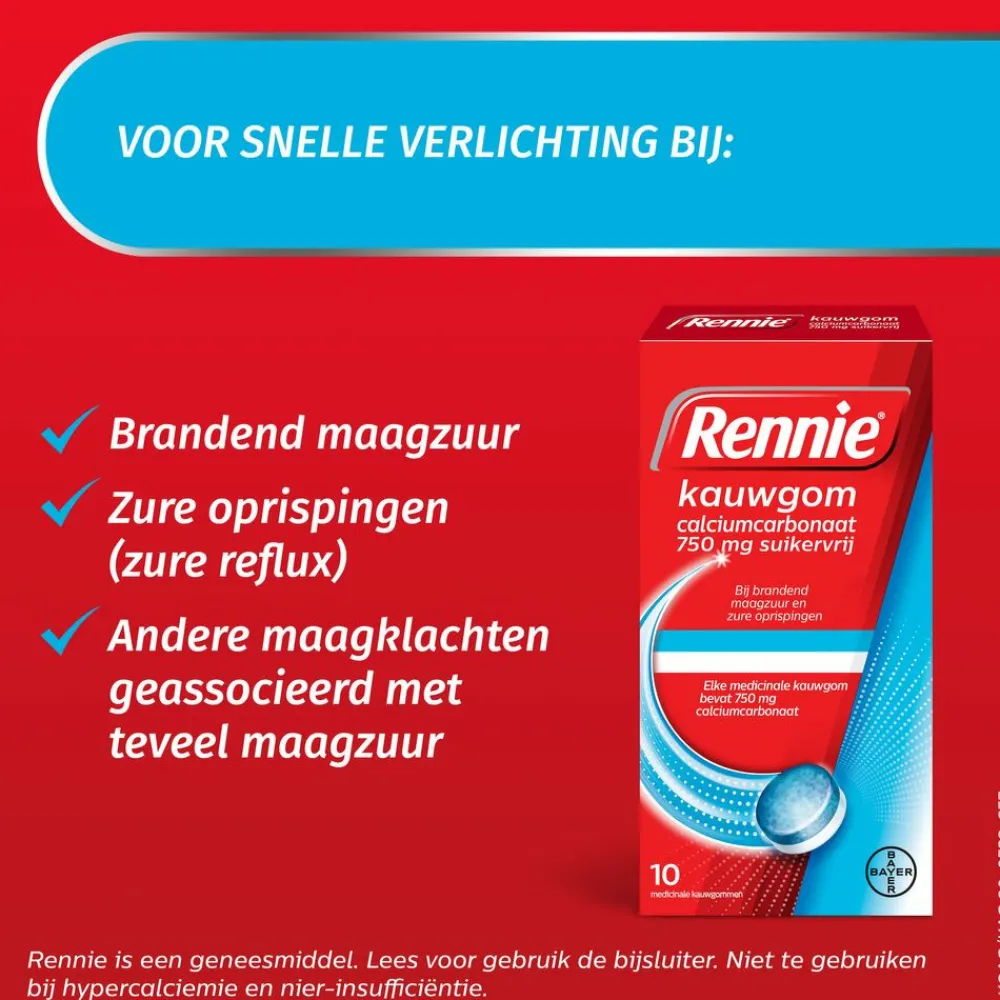 Kauwgom Calciumcarbonaat 750mg Suikervrij 10 stuks^Rennie Outlet