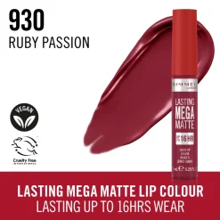 Liquid Lipstick<Rimmel Lasting Mega Matte Liquid Lipstick Ruby Passion 930 7.4 ml