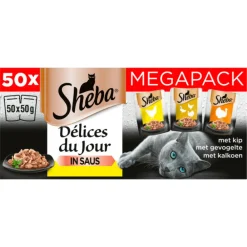Kattenvoer Mega Pack Délices Du Jour Natvoer Gevogelte in Saus Maaltijdzakjes 50 x 50 gr^Sheba Discount