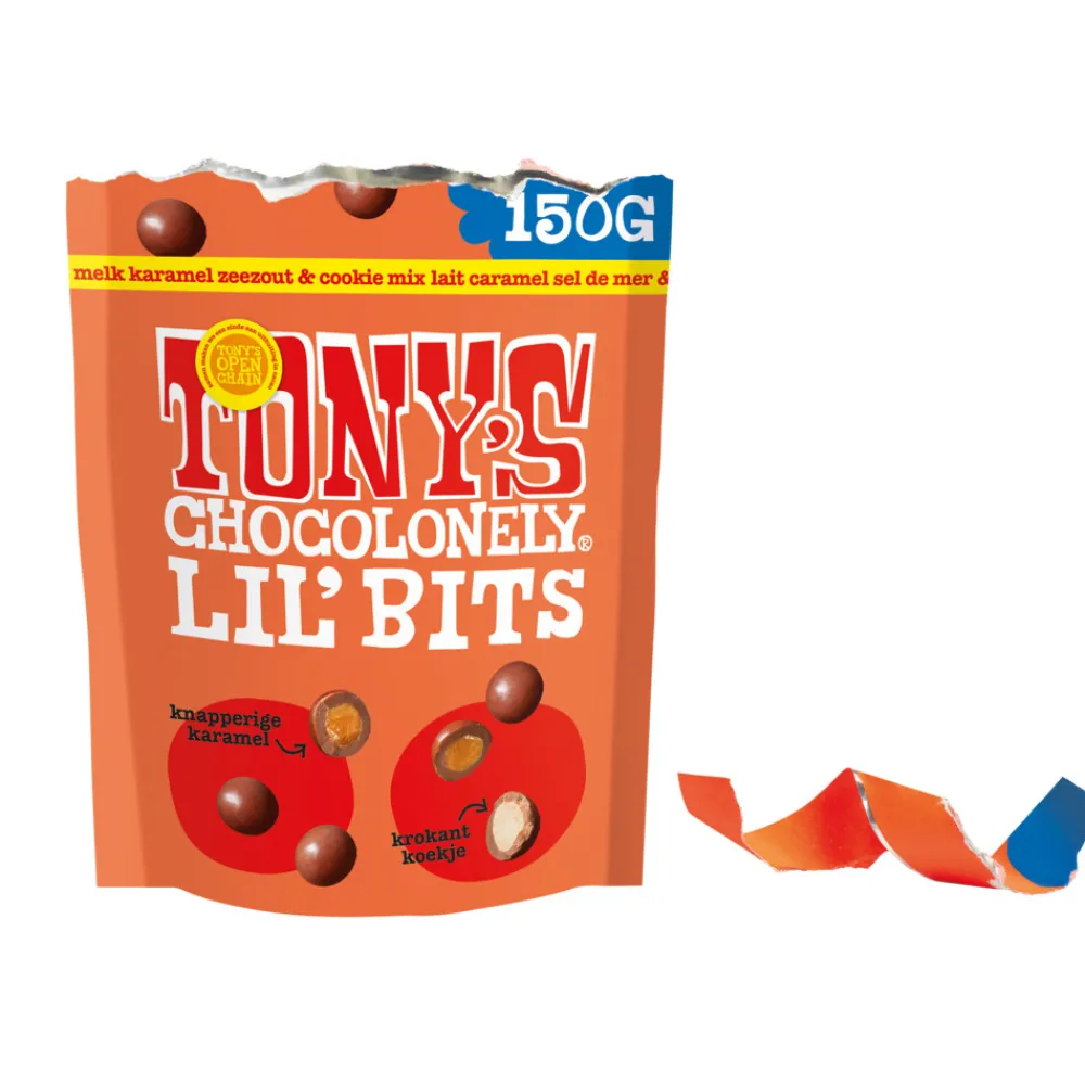 New Tony's Chocolonely Lil'Bits Melk Karamel Zeezout Biscuit 150 gr Chocolade