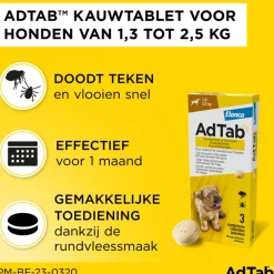Vlo, Teek & Worm<AdTab 2x Anti Vlo en Teek Kauwtabletten Hond 1,3-2,5 kg 3 tabletten