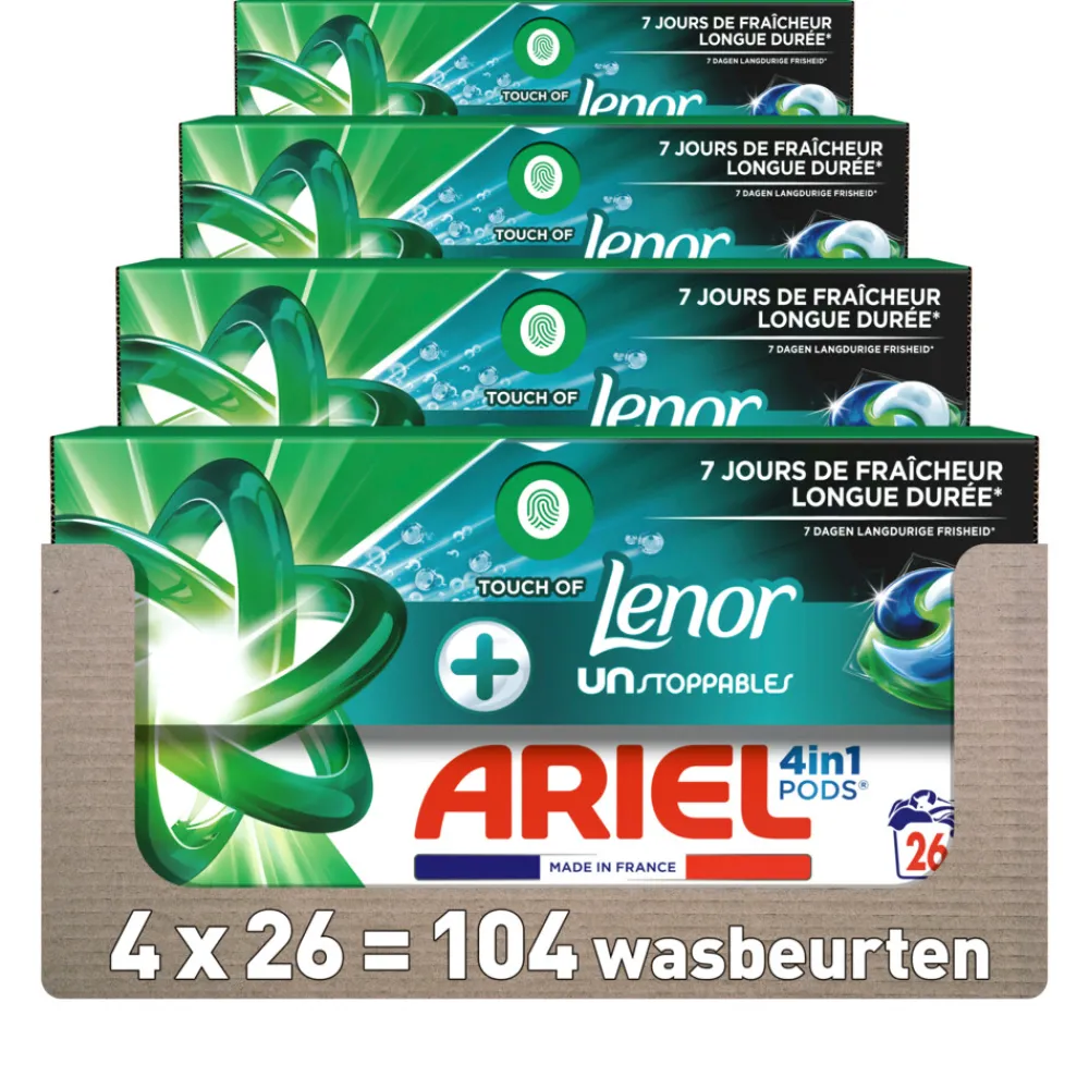 Discount 4x 4in1 Wasmiddel Pods Lenor Unstoppables 26 stuks Wasmiddel
