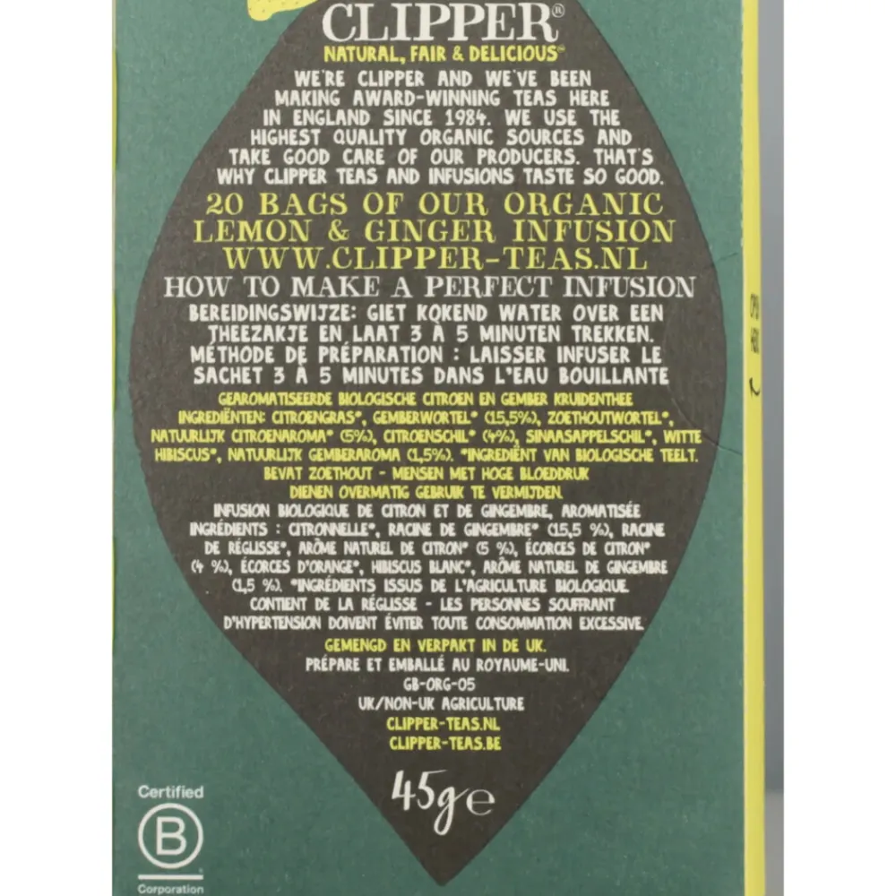 Thee<Clipper 3x Thee Lemon & Ginger 20 stuks