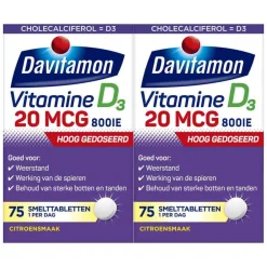 2x Vitamine D3 20MCG Hoog Gedoseerd 75 smelttabletten^Davitamon Best