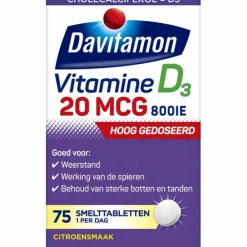 2x Vitamine D3 20MCG Hoog Gedoseerd 75 smelttabletten^Davitamon Best