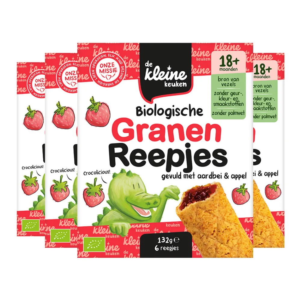 Baby & Peutervoeding<de Kleine Keuken 4x Granenreepjes Aardbei & Appel 132 gr