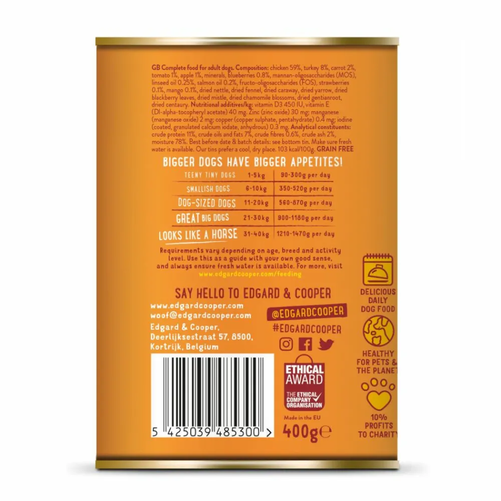 6x Blik Vers Vlees Hondenvoer Kip - Kalkoen 400 gr^Edgard & Cooper Clearance