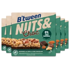 6x B'tween Nuts & Choc Notenmix Chocolade Melk Puur 3 x 32 gr Snacks & Tussendoortjes