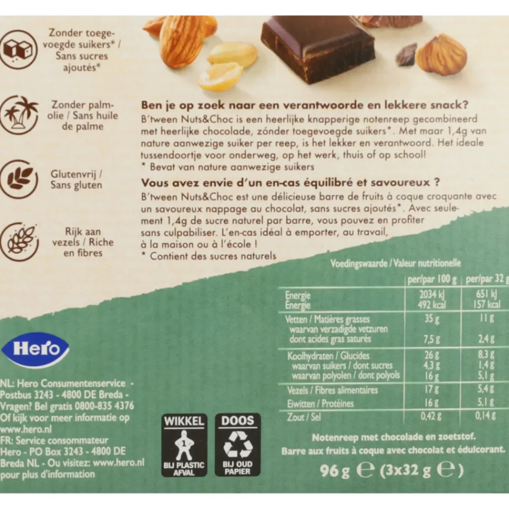 6x B'tween Nuts & Choc Notenmix Chocolade Melk Puur 3 x 32 gr Snacks & Tussendoortjes