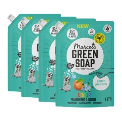 Wasmiddel<Marcels Green Soap 4x Marcel's Green Soap Wasmiddel Kleur Navul Perzik & Jasmijn 23 Wasbeurten 1 liter