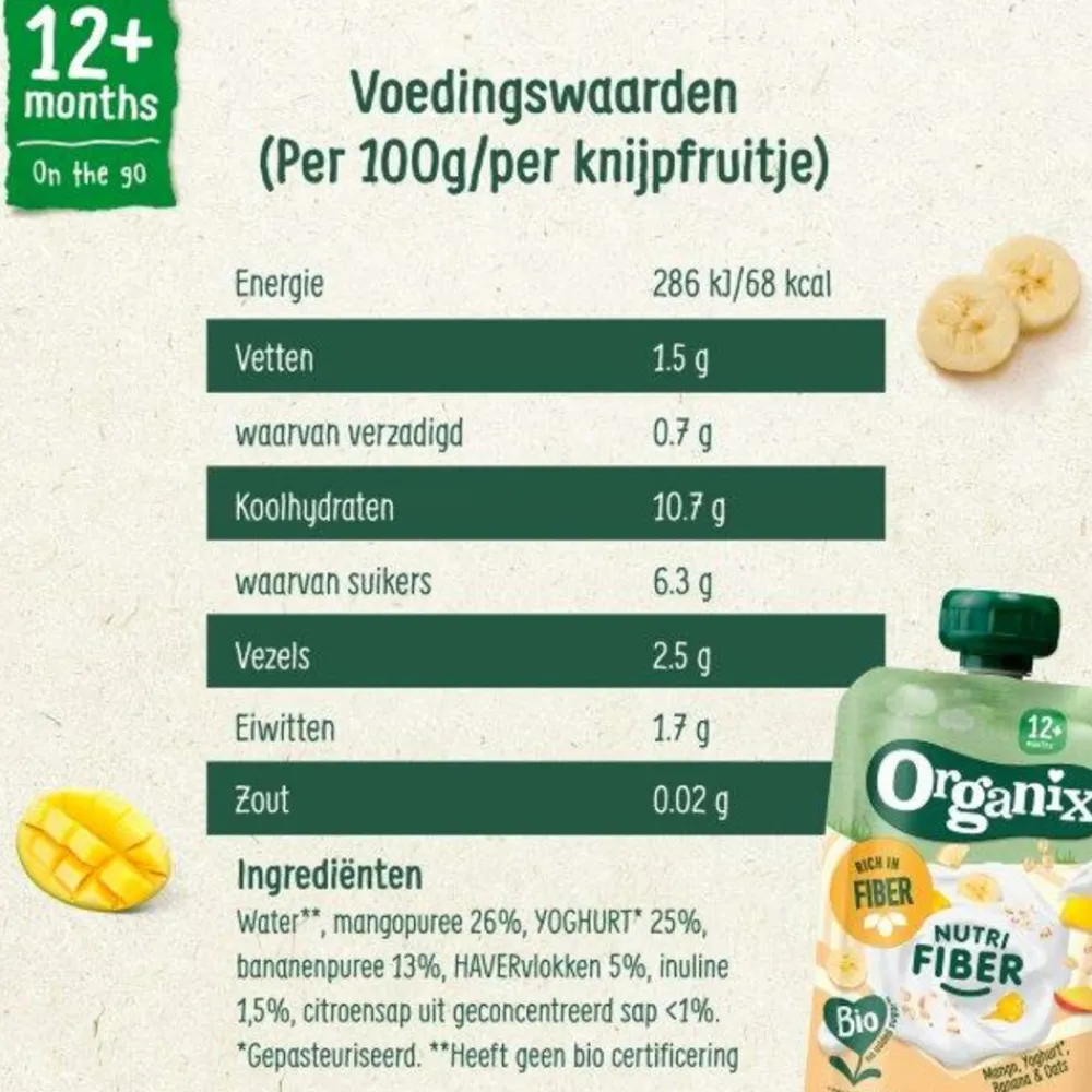 6x Knijpfruit Nutri Fiber 12+m Mango Yoghurt Banaan 100 gr^Organix Discount