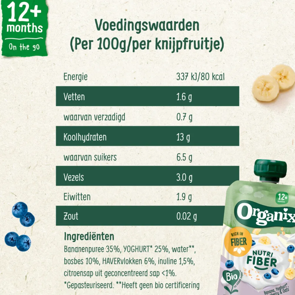 Sale 6x Knijpfruit Nutri Fiber 12+m Banaan Blauwe Bes Yoghurt 100 gr Baby & Peutervoeding