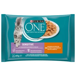 Kattenvoer<Purina ONE 12x Sensitive Adult Maaltijdzakjes Kattenvoer Nat Kip & Wortel 4 x 85 gr