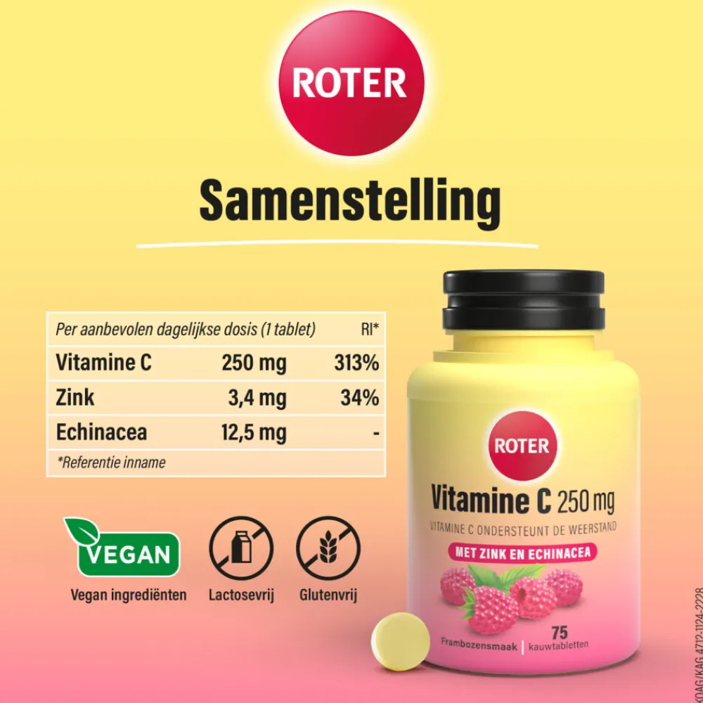 2x Vitamine C 250 mg Weerstand Framboos 75 kauwtabletten^Roter Clearance