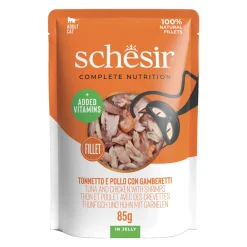 Kattenvoer<Schesir 12x Kattenvoer Tonijn - Kip - Garnaal in Gelei 85 gr