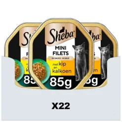 22x Mini Filets Adult Kattenvoer Natvoer Kip en Kalkoen in Saus Kuipjes 85 gr^Sheba