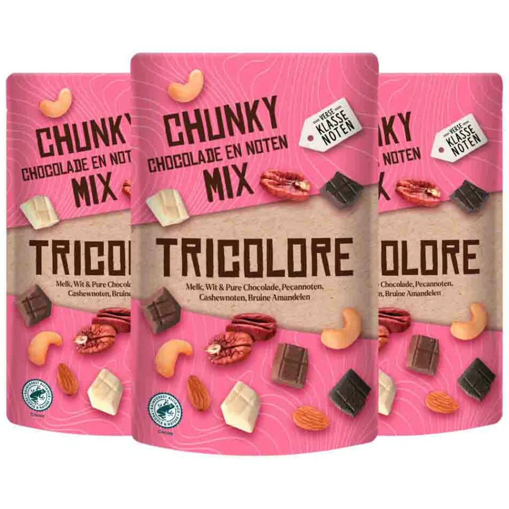 3x Chunky Chocolade en Noten Mix Tricolore 150 gr^Verse Klassenoten